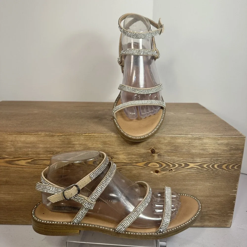 Steve Madden Transport-R Rhinestone Flat Sandals SZ 9 Sparkle Gladiator Y2K Nude